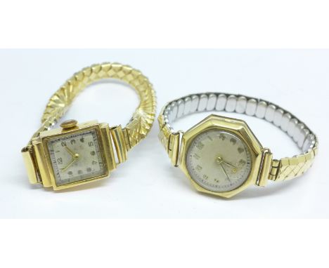 A lady's 18ct gold cased wristwatch and a 9ct gold octagonal cased wristwatch, (9ct lacking button)