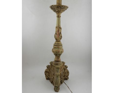 An 18th century style Italian table lamp base, raised on scrolling foliate base. H: 70cm