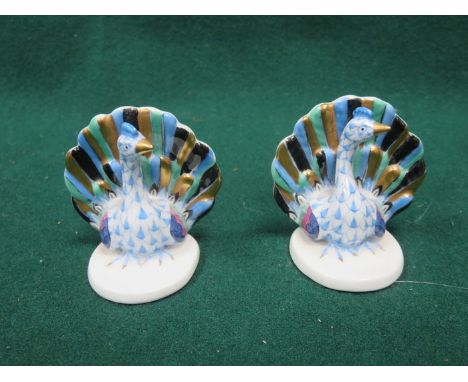 TWO HEREND HUNGARY CERAMIC PEACOCKS HAND =PAINTED AND GILDED, EACH APPROXIMATELY 5.5cm HIGH