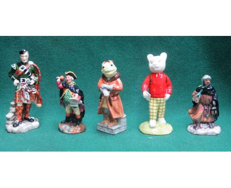 TWO ROYAL DOULTON CERAMIC FIGURES- GOOD KING WENCESLAS AND TOWN CRIER, ROYAL DOULTON WIND IN THE WILLOWS FIGURES PLUS ONE OTH