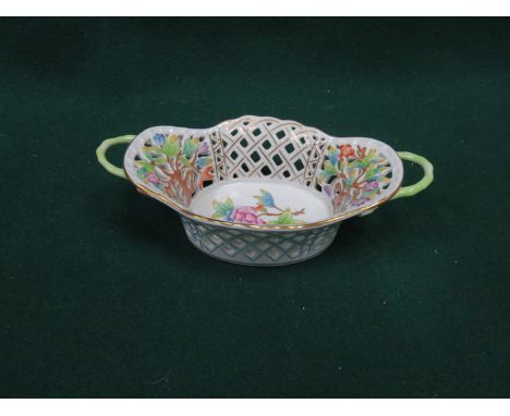 HEREND HUNGARY HANDPAINTED AND GILDED PIERCE WORK DECORATED TWO HANDLED CERAMIC BASKET