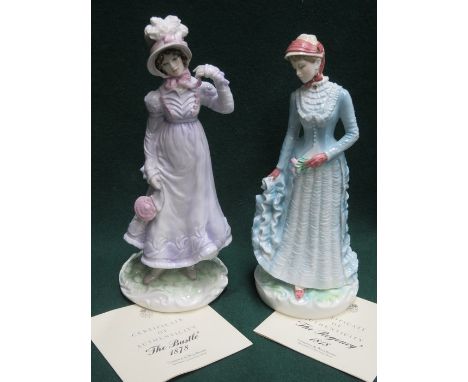 TWO ROYAL WORCESTER 'WALKING OUT DRESSES' 19th CENTURY LIMITED EDITION GLAZED CERAMIC FIGURES- THE BUSTLE 1878 AND THE REGENC