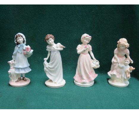 FOUR COALPORT GLAZED CERAMIC FIGURES- A HELPING HAND, CHRISTMAS KITTEN, A PRESENT FROM GRANDMA AND INNOCENCE 