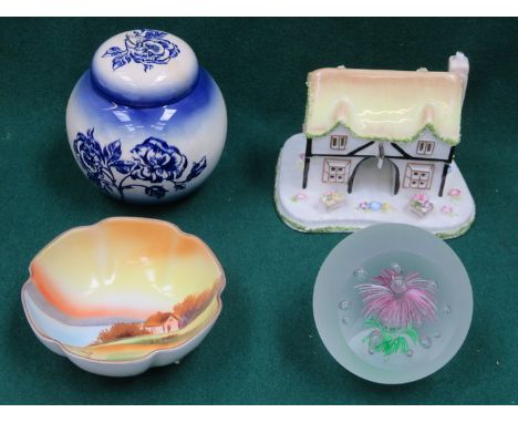 COALPORT COTTAGE, GLASS PAPERWEIGHT, NORITAKE DISH AND CARLTONWARE GINGER JAR WITH COVER 