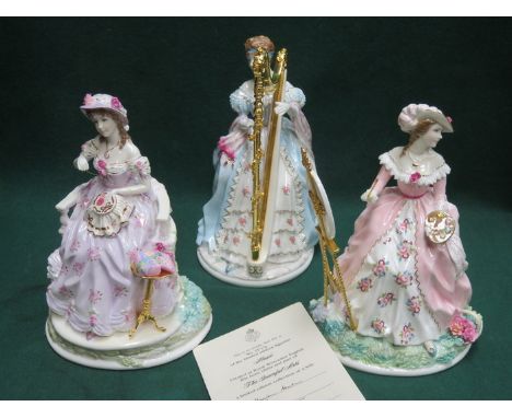 THREE ROYAL WORCESTER 'GRACEFUL ARTS' GLAZED CERAMIC FIGURES- MUSIC, PAINTING AND EMBROIDERY (ONE AT FAULT) 