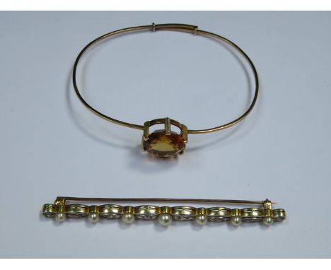 UNHALLMARKED BANGLE AND UNHALLMARKED BROOCH SET WITH PEARLS AND DIAMONDS 