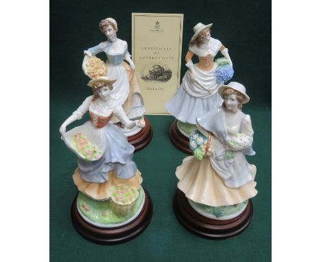 THREE ROYAL WORCESTER PASTORAL COLLECTION GLAZED CERAMIC FIGURES ON STANDS- MARKET DAY, FRUIT PICKING AND BAKERS AND GOOSE GI