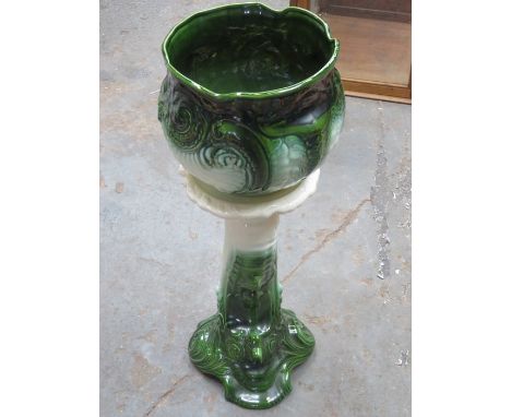 MID-20th CENTURY VICTORIAN STYLE CERAMIC JARDINIERE AND STAND, WITH GREEN AND WHITE GLAZE AND FOLIATE DESIGN IN SHALLOW RELIE