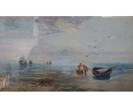 J HUGHES CLAYTON, FRAMED WATERCOLOUR DEPICTING A SEASCAPE SCENE, APPROXIMATELY 21cm x 38cm 