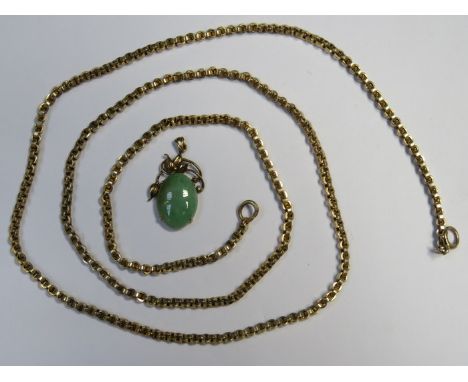 VICTORIAN STYLE GOLD COLOURED PENDANT SET WITH OVAL JADE STONE AND LONG YELLOW METAL CHAIN 