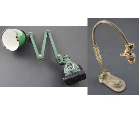 An early 20th century green painted extending cantilever lamp on black cast base, and an Edward VII brass desk lamp stand, he