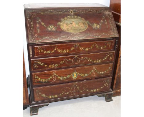 A good George III painted mahogany bureau by James Phillips &amp; Son of Union Street, Bristol, on oak carcass, the fall deco