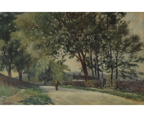 GEORGE OUTRAM (1863-1936); watercolour, pastoral figural landscape, an old lady with stick walking down a tree-lined avenue p