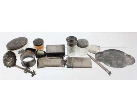 A mixed group of silver items to include a Victorian quatrefoil hallmarked silver tray with relief Reynolds angels, a similar