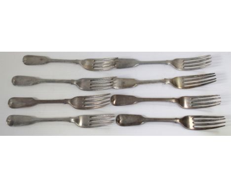 A set of six George III and later fiddle pattern forks, assayed Newcastle, various date marks and one matched W &amp; H plate