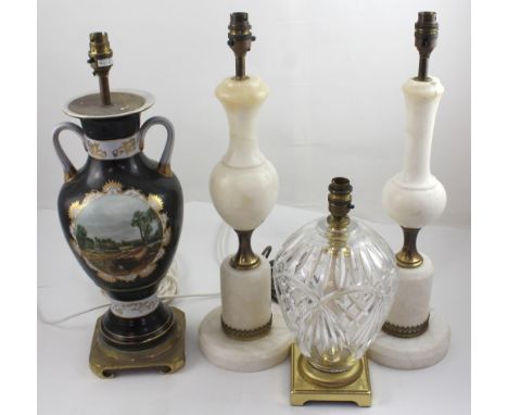 Two non-matching onyx table lamps, a cut glass baluster vase shaped table lamp on stepped metal base and a twin-handled balus