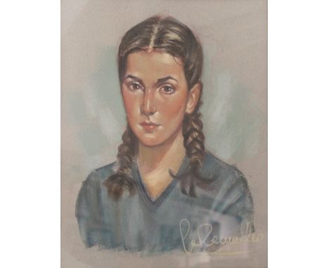 UNATTRIBUTED; early-to-mid 20th century pastel portrait, a young lady with pigtails wearing a blue V-neck sweater, indistinct