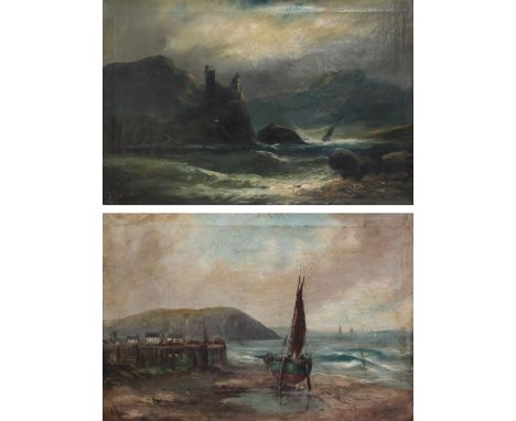UNATTRIBUTED; two oils on canvas, seascape, stormy sea with castle on rocky outcrop in background, indistinctly signed, 49.5 