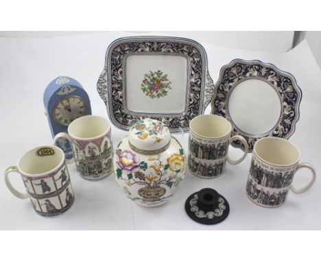 A small collection of modern ceramics to include for Wedgwood commemorative tankards, a Mason's ginger jar and cover, a blue 