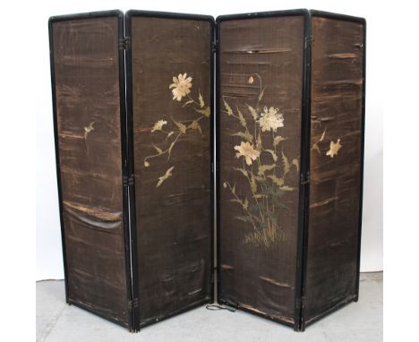 A 19th century Meiji period four-section silk screen with floral decoration to one side and a landscape scene verso, each pan