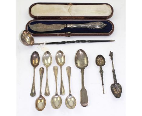 A mixed group of Victorian and later teaspoons, a small baleen-handled ladle and a cased butter knife, approx weighable 4ozt 