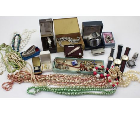 A small quantity of vintage and contemporary costume jewellery to include bead necklaces, various cufflinks, brooches, clip-o