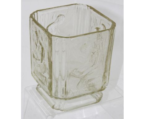 A French Art Deco moulded glass planter of square form with canted corners, each panel decorated with a kneeling female figur