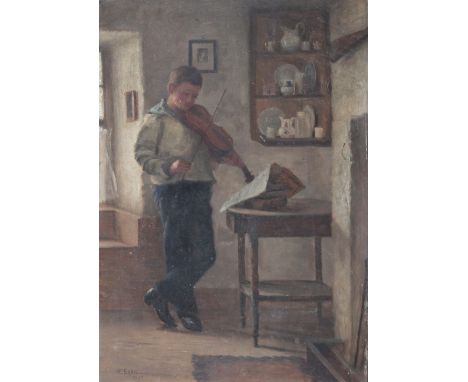WILLIAM EADIE (Scottish 1847-1926); oil on panel of a young sailor in domestic setting learning a tune on the fiddle, signed 