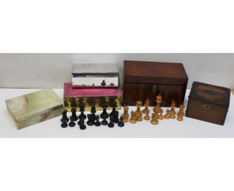 A Victorian mahogany two-compartment tea caddy on bun supports (lacking lead lining and tea containers), a small oak box cont