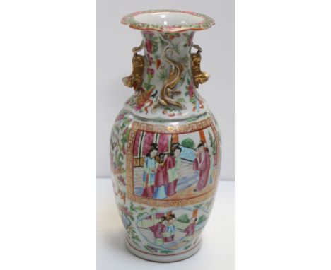 A late 19th century Chinese Cantonese Famille Rose baluster vase, enamel figural floral and butterfly, with raised gilded dec