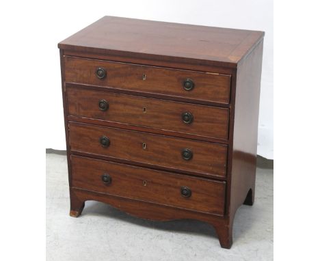 A small George III and later chest of four graduated drawers on splay bracket feet, the top cross-banded and line-inlaid, hei