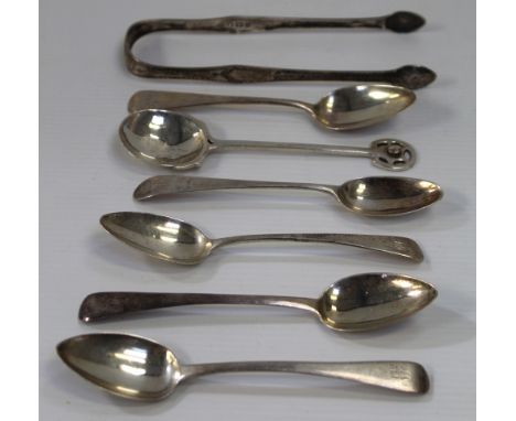 A small group of George III and later hallmarked silver flatware to include a pair of George III sugar tongs, no date letters