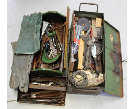 A vintage green painted toolbox containing Snail Brand spanners, wrenches, clamp and a further sealed toolbox (2). CONDITION 