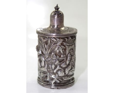 A Chinese silver pepperette decorated with figures to a bamboo ground, approx 1ozt.