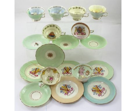 A collection of Paragon 'Patriotic Series' teacups and saucers featuring war ships, a map of the UK with the banner 'There Wi