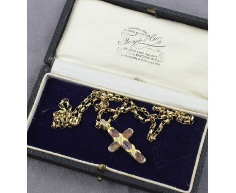 A 9ct gold link chain necklace with a yellow and white metal cross set with amethyst coloured stones, approx combined 7.6g.