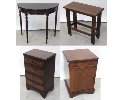 A reproduction mahogany cabinet (modified for wires to back), a reproduction mahogany inlaid four-drawer chest on shaped brac