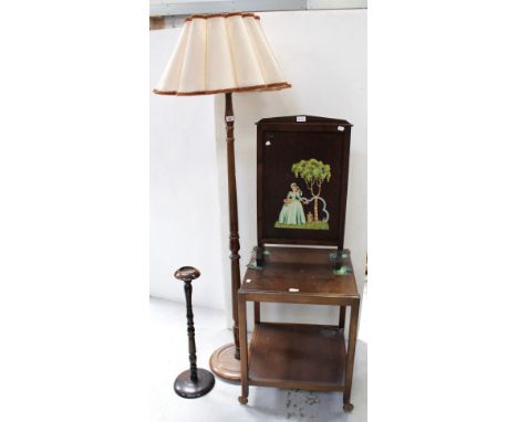 A mahogany standard lamp, a 1950s oak tea trolley, an oak smoker's stand and a c1950s fire screen (af) (4).
