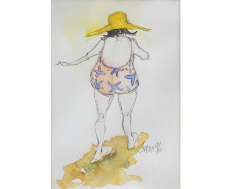 After Sam Toft; lithograph, 'Bather' a lady in a large yellow sun hat and starfish blue and orange swimming costume heading o