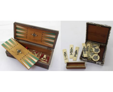 A 19th century Indian export bone, ebony and sandalwood Vizagapatam-style games compendium, width 25,5cm, with chessboard, cr