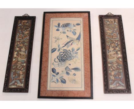 Two c1920 Chinese silk embroidered screens in reticulated hardwood frames in the form of bamboo and a Chinese silk panel with