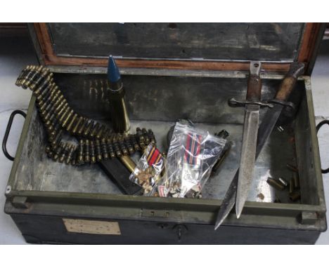 A black metal ammunitions box with paper labels for Captain Stanley of the Royal Engineers, containing two pre-WWI bayonets; 
