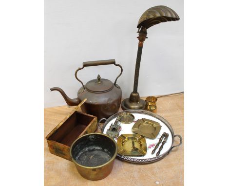 A vintage copper kettle, an Edwardian copper and brass Art Deco style shell desk lamp, a small quantity of brass ware, vintag