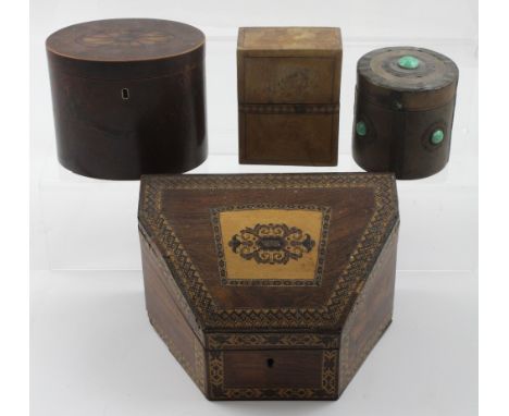 A late 19th century rosewood Tonbridge ware box, width 22cm, a George III elliptical fruitwood tea caddy with flower head pat