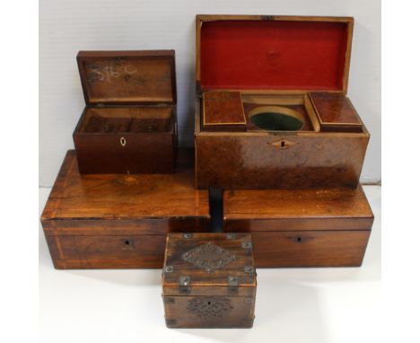 A collection of 19th century and later tea caddies and boxes to include a burr walnut twin-compartment tea caddy with space f