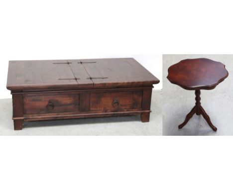 A contemporary mahogany occasional table/storage chest, two hinged storage compartments to the top over two drawers to either