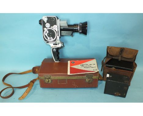 A Bolex Paillard P1 Zoom Reflex 8mm ciné camera with hand grip, manual and case and two box cameras, (3).