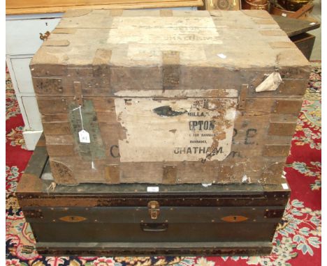 A zinc-lined metal-bound pine trunk with various luggage labels, Bombay, Karachi, White & Co, etc, 76cm wide, 45cm high, toge
