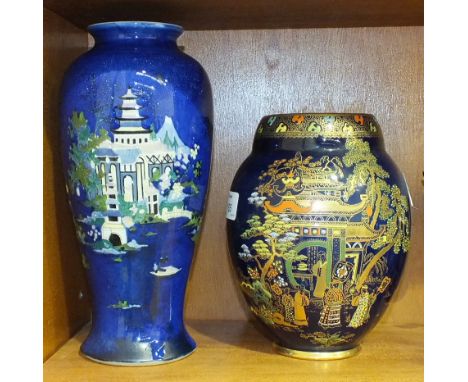 A Wiltshaw & Robinson Carltonware baluster shape vase decorated with pagodas and figures on a blue ground, 26cm high, printed