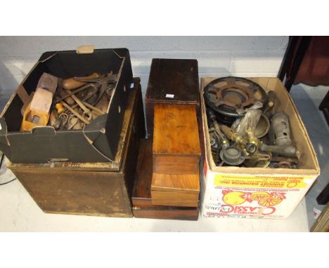 A collection of five vintage blow lamps, two gas stoves, a small quantity of hand tools and a collection of small wooden boxe